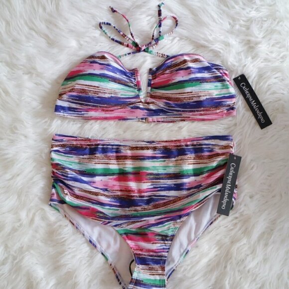 NWT Catherine Malandrino Colorful Bikini Set Size XL Bathing Suit White Pink - Picture 1 of 5